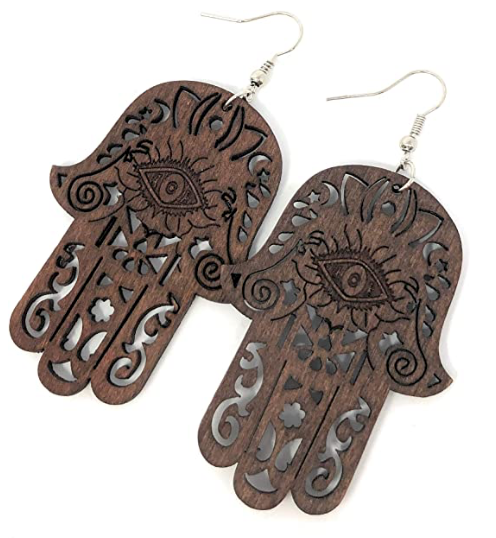 Hamsa Hand Wooden Earrings