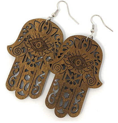 Hamsa Hand Wooden Earrings